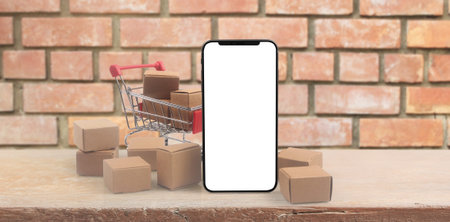 Toy shopping cart Consumer society trend on smartphoneの写真素材