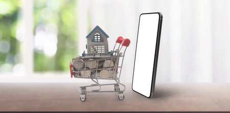Toy shopping cart Consumer society trend on smartphoneの写真素材