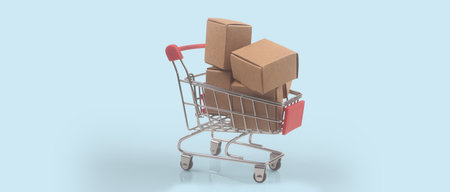 Toy shopping cart with boxes shopping and delivery concept. Consumer society trendの写真素材