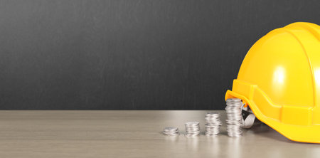 Yellow hardhat model house and coin with trading graph, financial investment conceptの写真素材
