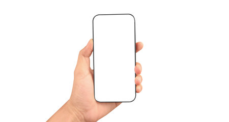 Hand holding smartphone device and touching screen in handの写真素材
