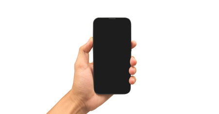Hand holding smartphone device and touching screen in handの写真素材