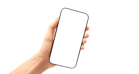 Hand holding smartphone device and touching screen in handの写真素材