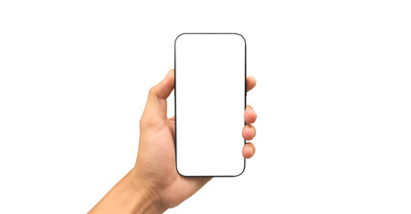 Hand holding smartphone device and touching screen in handの写真素材