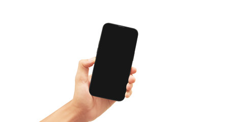 Hand holding smartphone device and touching screen in handの写真素材