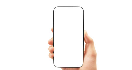 Hand holding smartphone device and touching screen in handの写真素材