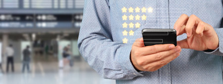 Man holding smartphone device and touching screen with five star rating feedback iconの写真素材