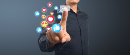 Man pressing modern social buttons social networkの写真素材