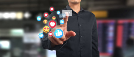 Man pressing modern social buttons social network