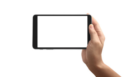 Hands holding a tablet touch computer gadgetの写真素材