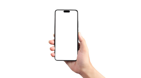 Hand holding a smartphone device and touching screenの写真素材