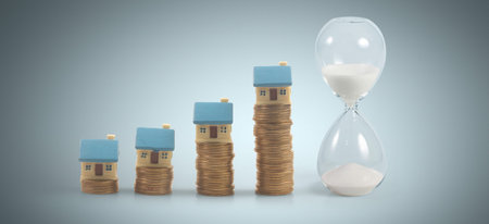 hourglass filled with sand, symbolizing the passage of time and and silver coin stock. Business...