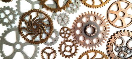 Mechanical gears arrangement industrial workshop close-up photography metal environment top-down view engineering conceptの写真素材