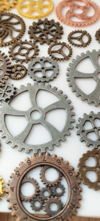 Mechanical gears display industrial workshop close-up photography creative environment top-down view engineering conceptの写真素材