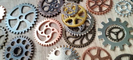 Industrial mechanisms showcase workshop image collection close-up artistic perspective gear design conceptの写真素材