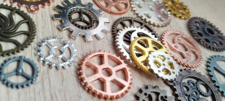 Intricate gear mechanisms workshop still life industrial environment close-up view mechanical conceptの写真素材