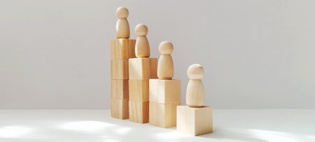 Building success wooden figures climbing blocks in minimalist studio setting inspiring growth and...