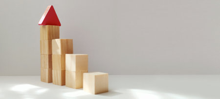 Building upward growth representation with wooden blocks minimalistic studio creative concept top-down perspectiveの写真素材