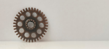 Industrial gear mechanism close-up workshop photography minimalist background side view engineering conceptの写真素材