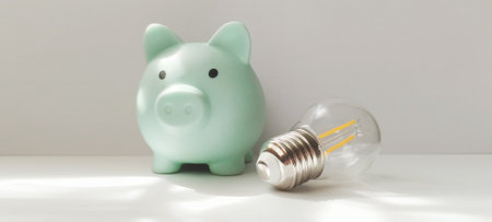 Saving energy with a piggy bank and light bulb home office still life bright setting close-up financial awarenessの写真素材