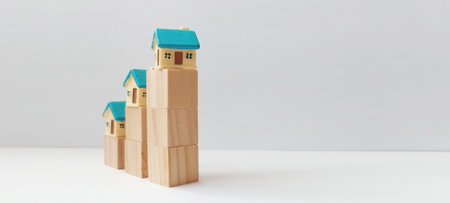 Building blocks of creativity wooden house structures minimalist design calm studio environment top-down perspectiveの写真素材
