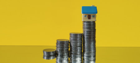 Investing in real estate building wealth with coins home model on stacked coins indoor setting focused perspectiveの写真素材