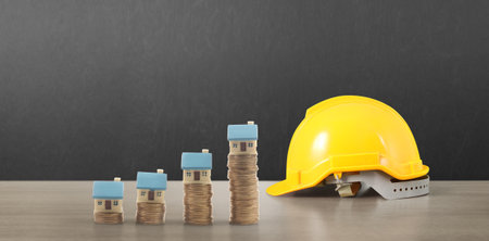 Yellow hardhat model house and coin with trading graph, financial investment conceptの写真素材