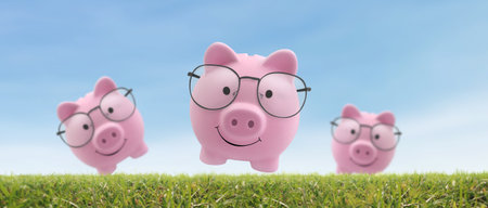 Piggy bank grass, coin Savingの写真素材