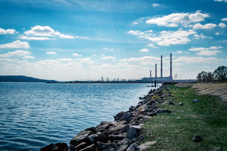 Power station on the river bank on a sunny day. Russia, Republic of Tatarstan, Zainsk city, Zai...
