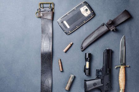 Male survival kit top view close-up on a dark backgroundの写真素材