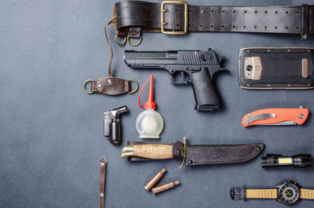 Male survival kit top view close-up on a dark backgroundの写真素材