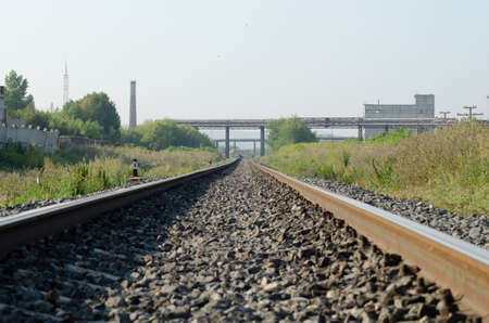 early morning railroad with gravel and green grass.の写真素材