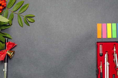 background back to school top view with place for text on a white sheet of paper ink pen rowan branch and set of compasses metal bell with red bow and small colored needles on black paper.の写真素材