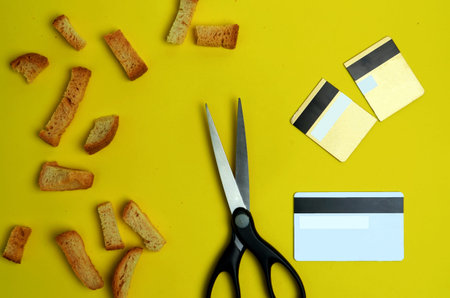 International Day for the Eradication of Poverty.Scissors cut credit card on a green background with...