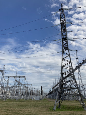 Power lines on a background of blue summer sky with clouds, green grassの写真素材