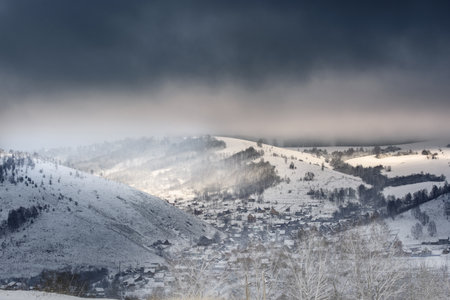 The mountain, rural landscape with a haze made in winter timeの写真素材