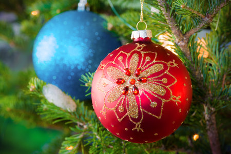 Red shiny ball hanging on a Christmas tree.の写真素材