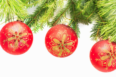 Red christmas balls on a white background.の写真素材