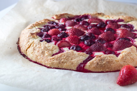 Berry Tart. Galette with summer berries. Pie with strawberry and cherry