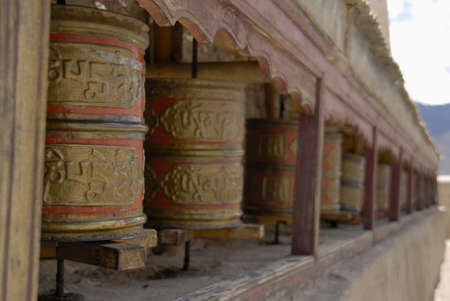 Prayer wheels aside Wanla Gompa, Ladakh, Indian Himalayaの写真素材