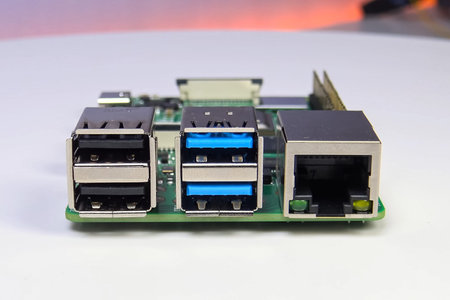 USB on the board of the minicomputer. Computer components.の写真素材