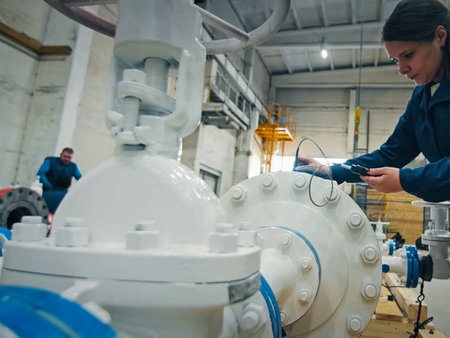 Moscow, Russia - January 23, 2019: The worker measures the thickness of the pipe. Checking the pipes...
