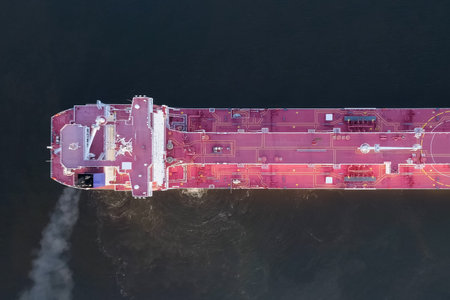 The tanker is filled with liquefied natural gas, transporting gas by sea.の写真素材