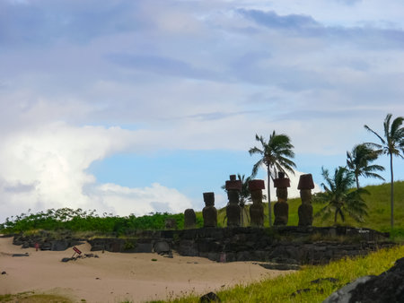 Statues of the gods of Easter Island. Ancient statues of ancient civilization on Easter Island.の写真素材
