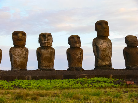 Statues of the gods of Easter Island. Ancient statues of ancient civilization on Easter Island.の写真素材