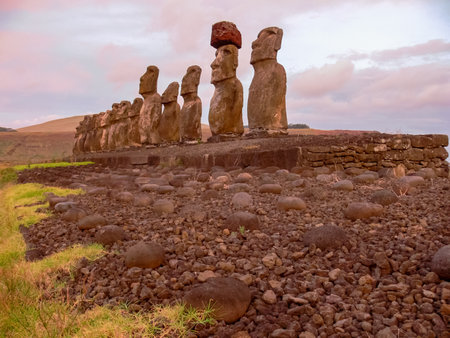Statues of the gods of Easter Island. Ancient statues of ancient civilization on Easter Island.の写真素材