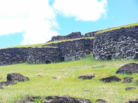 The dwellings of ancient aboriginals on Easter Island. made of shelter stones and walls.の写真素材