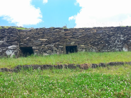 The dwellings of ancient aboriginals on Easter Island. made of shelter stones and walls.の写真素材