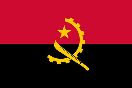 Angolan National Flag Vector Illustration as EPS. It is split horizontally into an upper red half and a lower black half with an emblem resting at the center. It features a yellow half gear wheel crosのイラスト素材