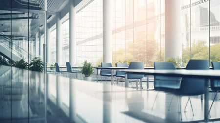 Blurred empty open space office. Abstract light bokeh at office interiorの素材